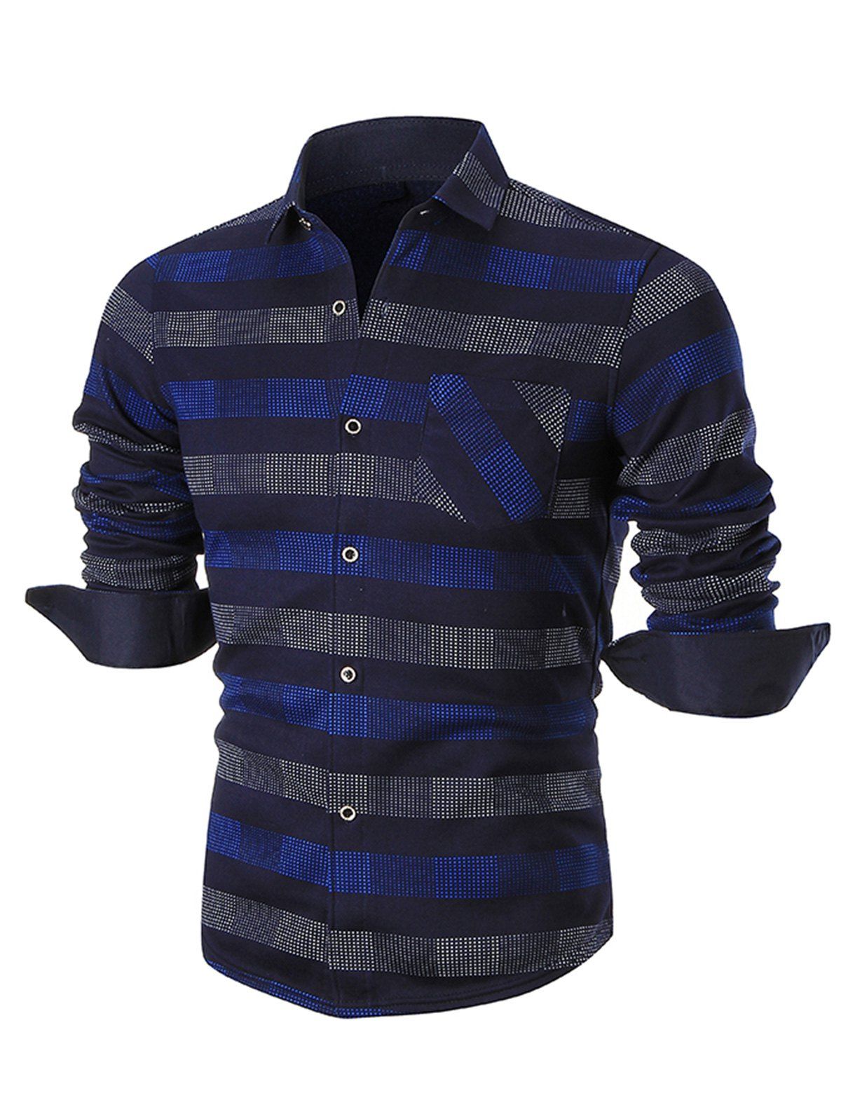 

Turn-down Collar Color Block Plaid Shirt, Blue