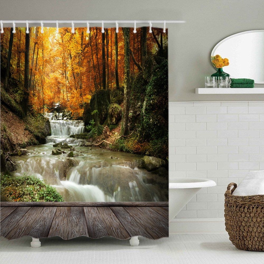 2018 Maple Forest Stream Print Fabric Waterproof Shower Curtain YELLOW