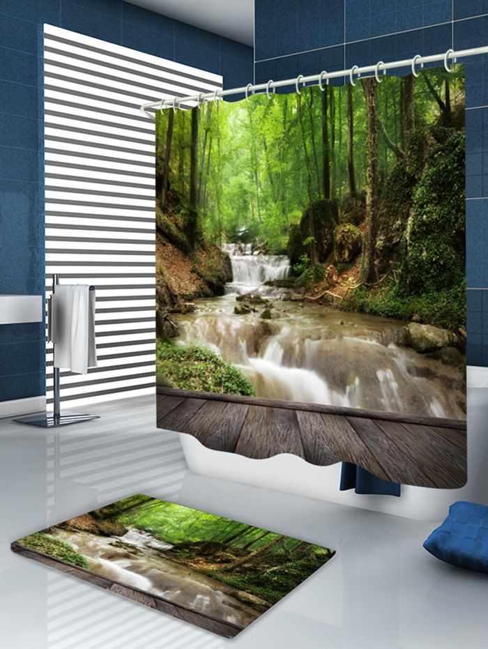 2018 Forest Stream Wood Print Fabric Waterproof Shower Curtain GREEN W