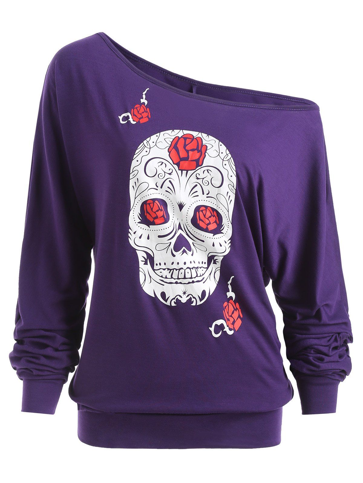 

Halloween Skull Printed Plus Size Long Sleeve T-shirt, Purple