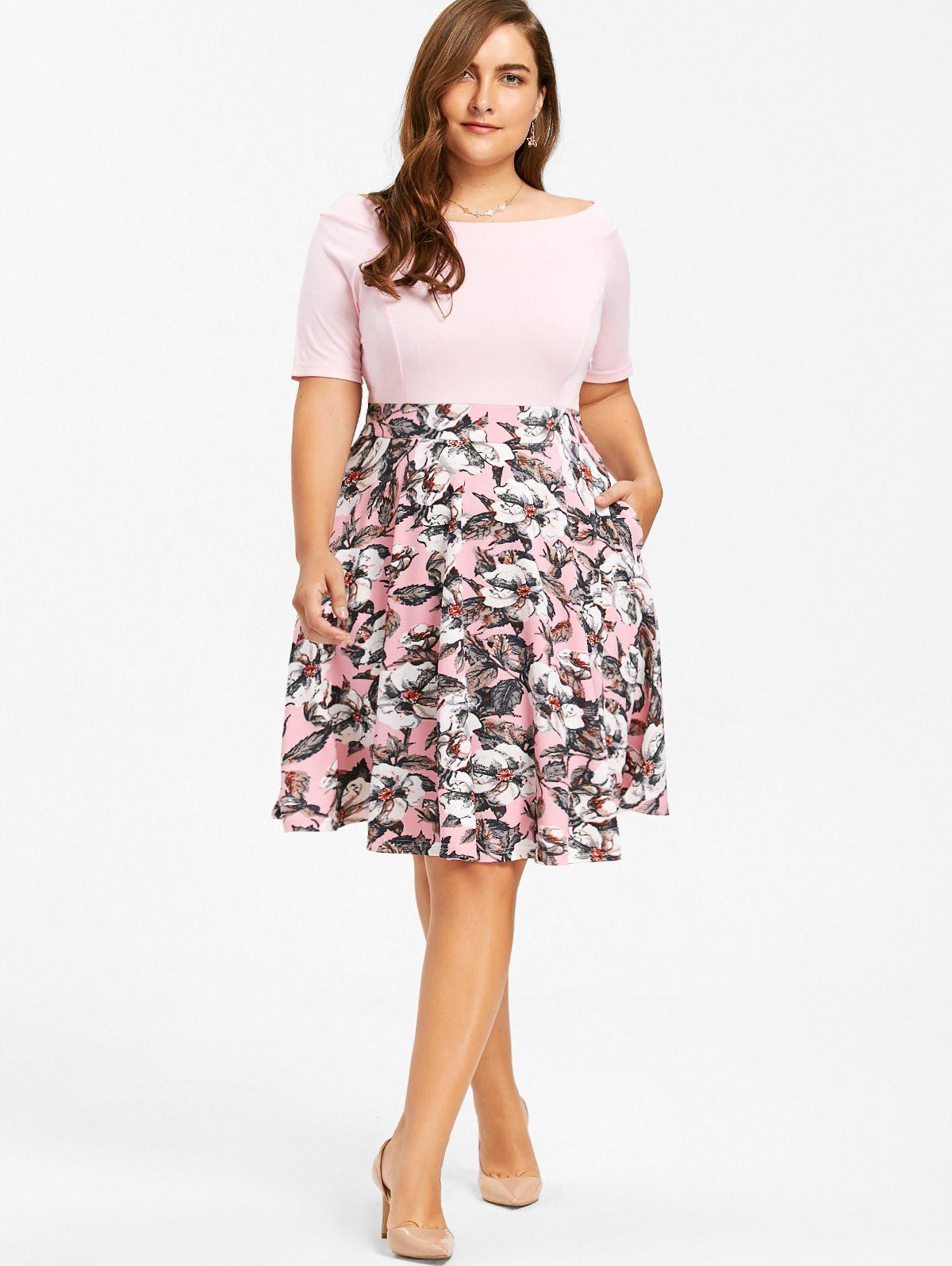 2018 Plus Size Boat Neck Floral Print Dress PINK XL In Print Dresses ...