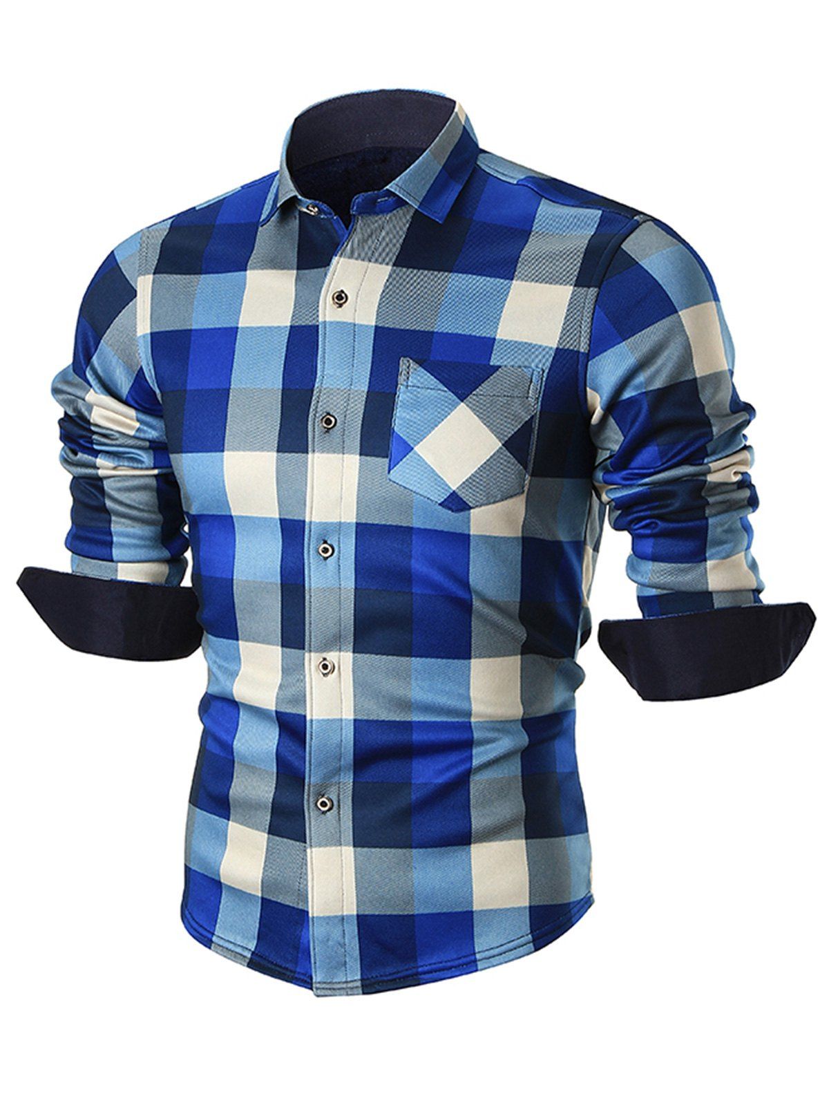 

Fleece-lined Chest Pocket Checkered Shirt, Blue