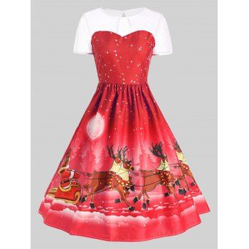 

Mesh Panel Christmas Santa Claus Sleigh Party Dress, Red