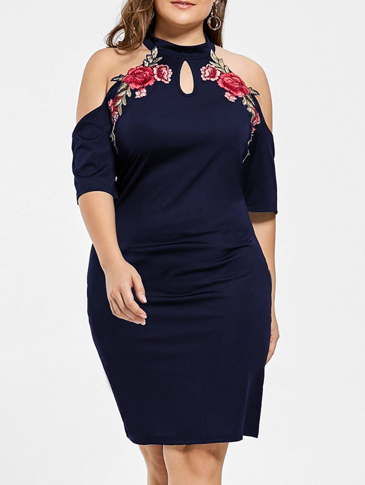 

Embroidered Cold Shoulder Keyhole Plus Size Dress, Purplish blue