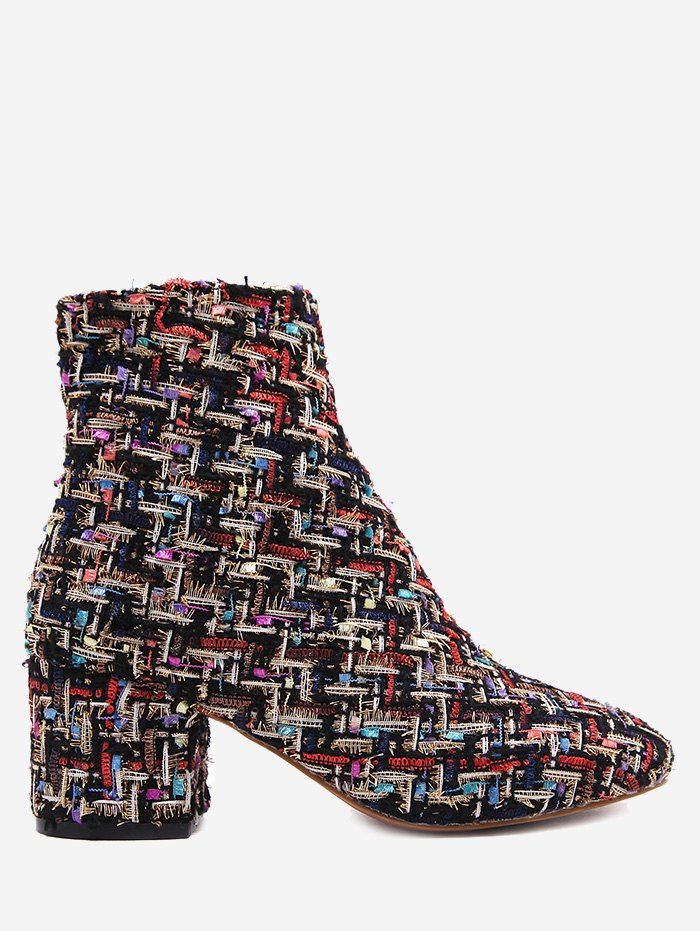 

Mix Pattern Chunky Heel Ankle Boots, Black