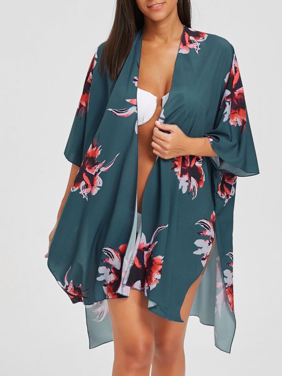 Kimono à fente imprimé fleur asymétrique - Bleu Vert S