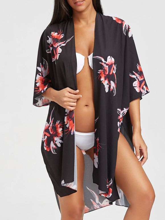 Kimono à fente imprimé fleur asymétrique - Noir 2XL