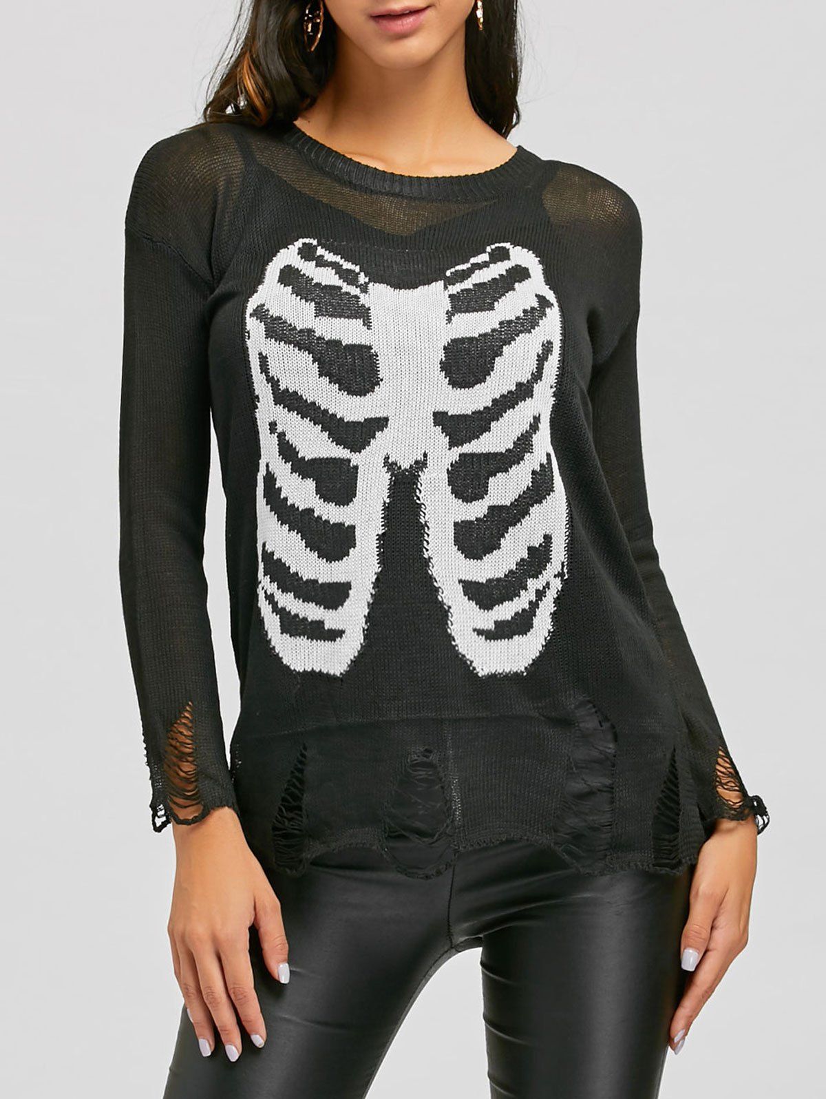 

Skeleton Print See Through Ripped Sweater, Black