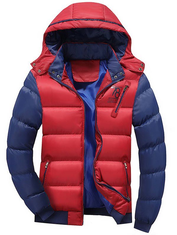 

Color Block Detachable Hood Puffer Jacket, Red
