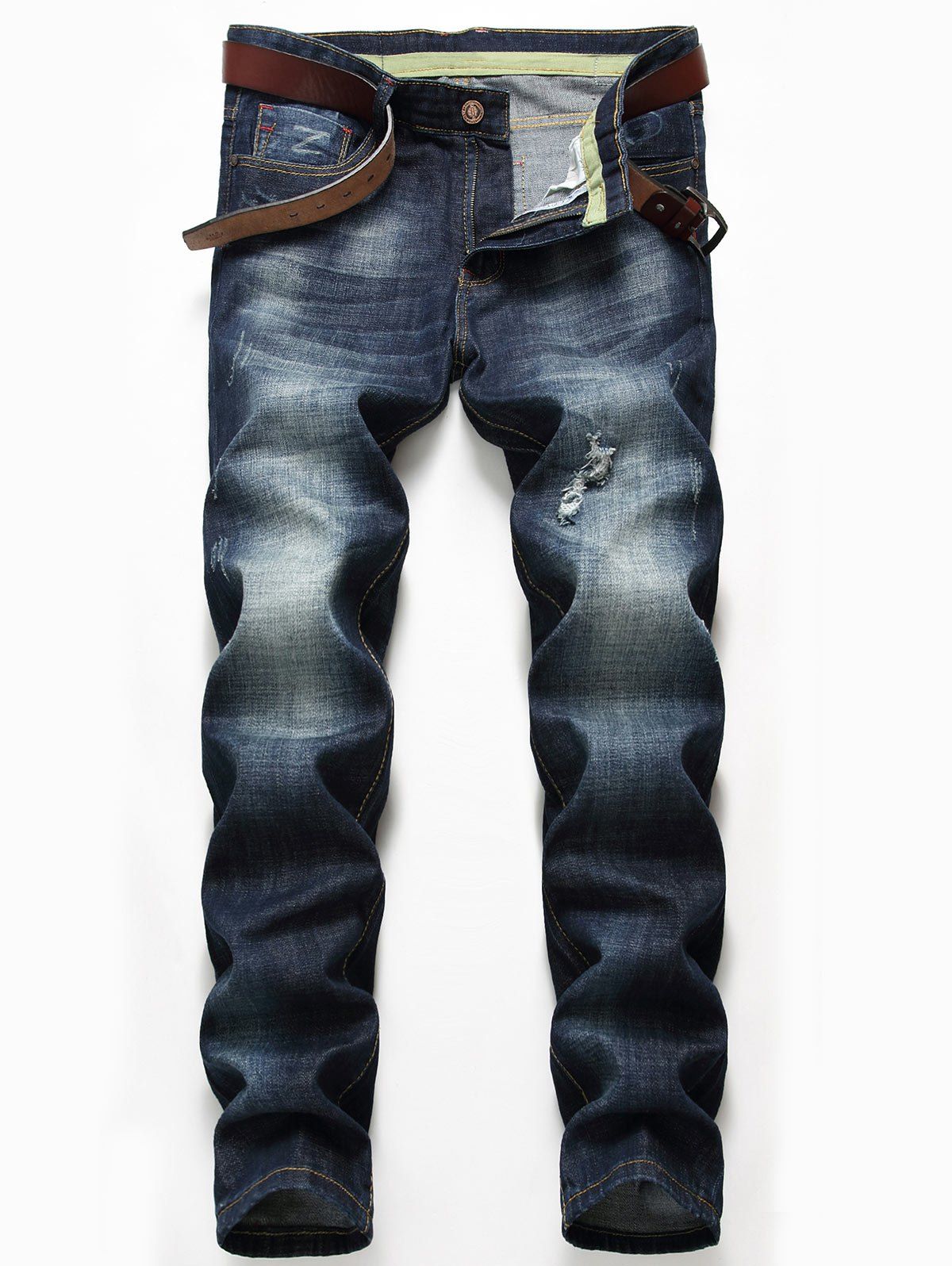 

Zip Fly Ripped Jeans with Straight Leg, Denim blue