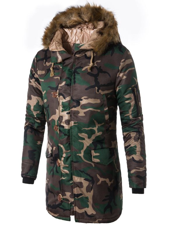 Manteau Camouflage à Capuche Fausse Fourrure à Zip - Vert 2XL