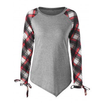 

Plaid Raglan Sleeve Tie Cuff Top, Red