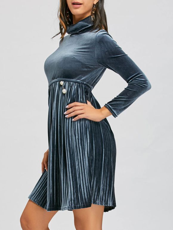 Turtleneck Long Sleeve Velvet Mini Pleated Dress - FROST 2XL