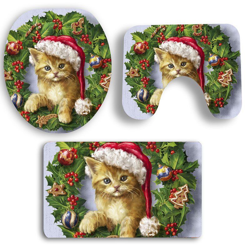 

3Pcs Christmas Cat Pattern Bath Toilet Mats Set, Colorful