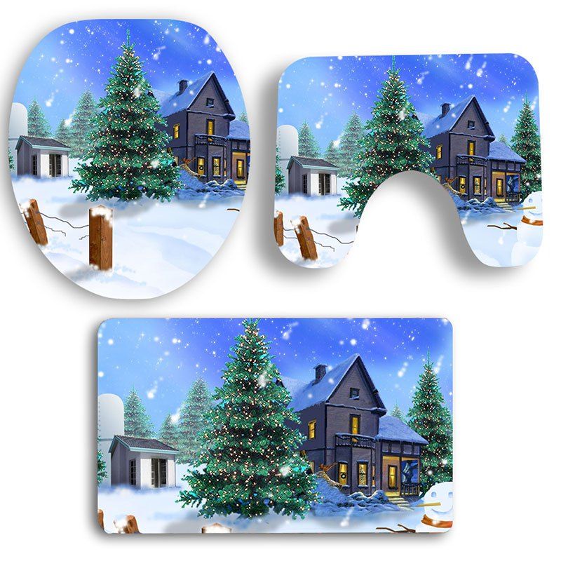 

3Pcs Christmas Snowscape Pattern Bath Toilet Mats Set, Colorful