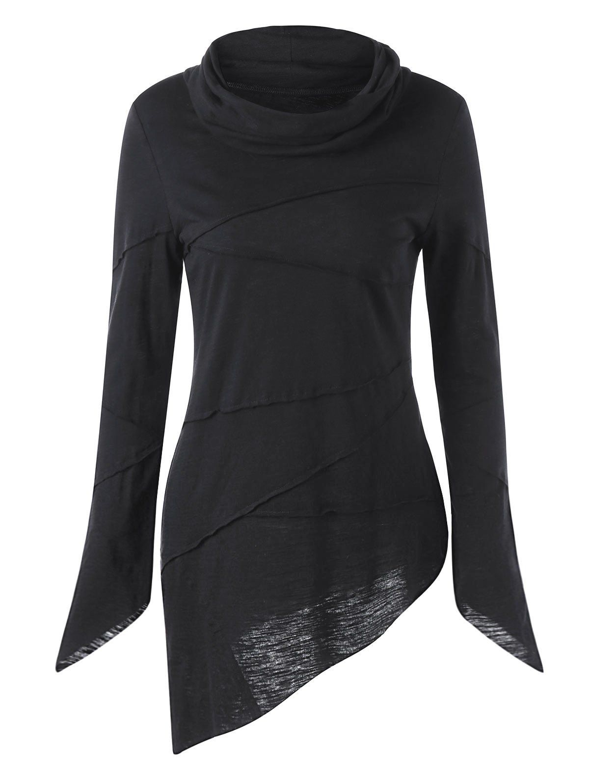 

Long Sleeve Asymmetric Heaps Collar T-shirt, Black