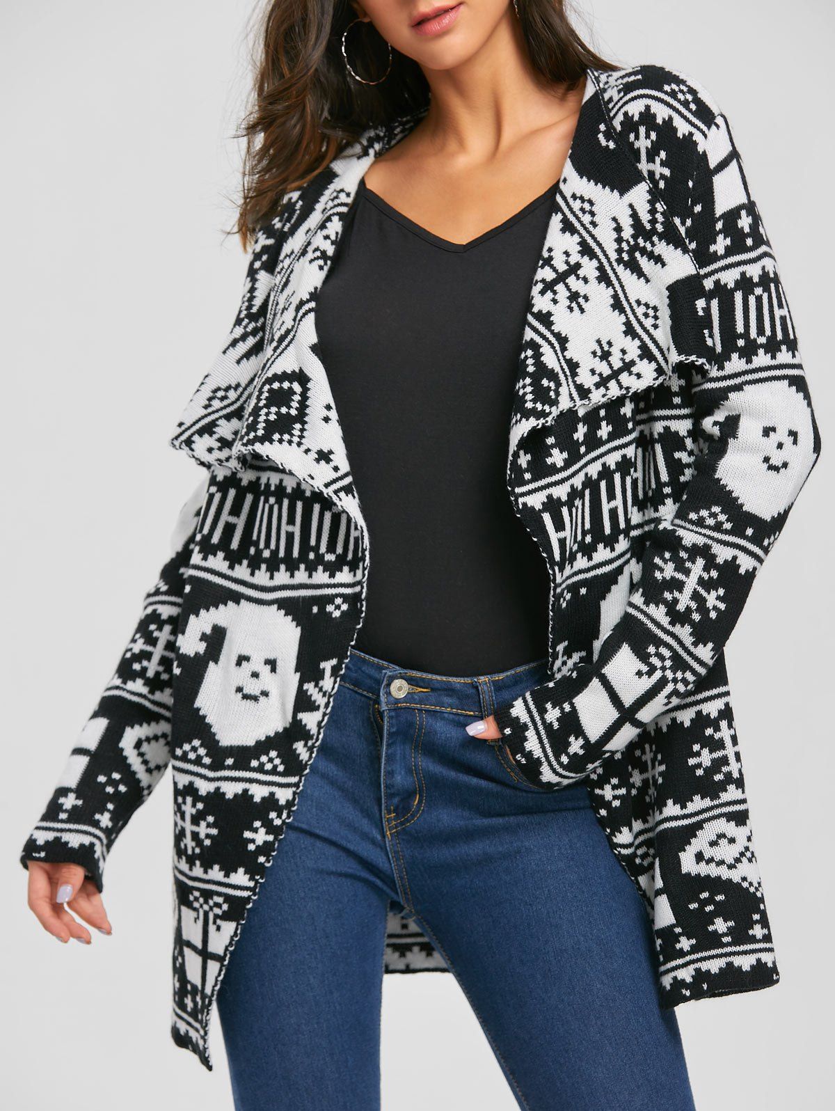 

Christmas Monochrome Tunic Waterfall Cardigan, Black white
