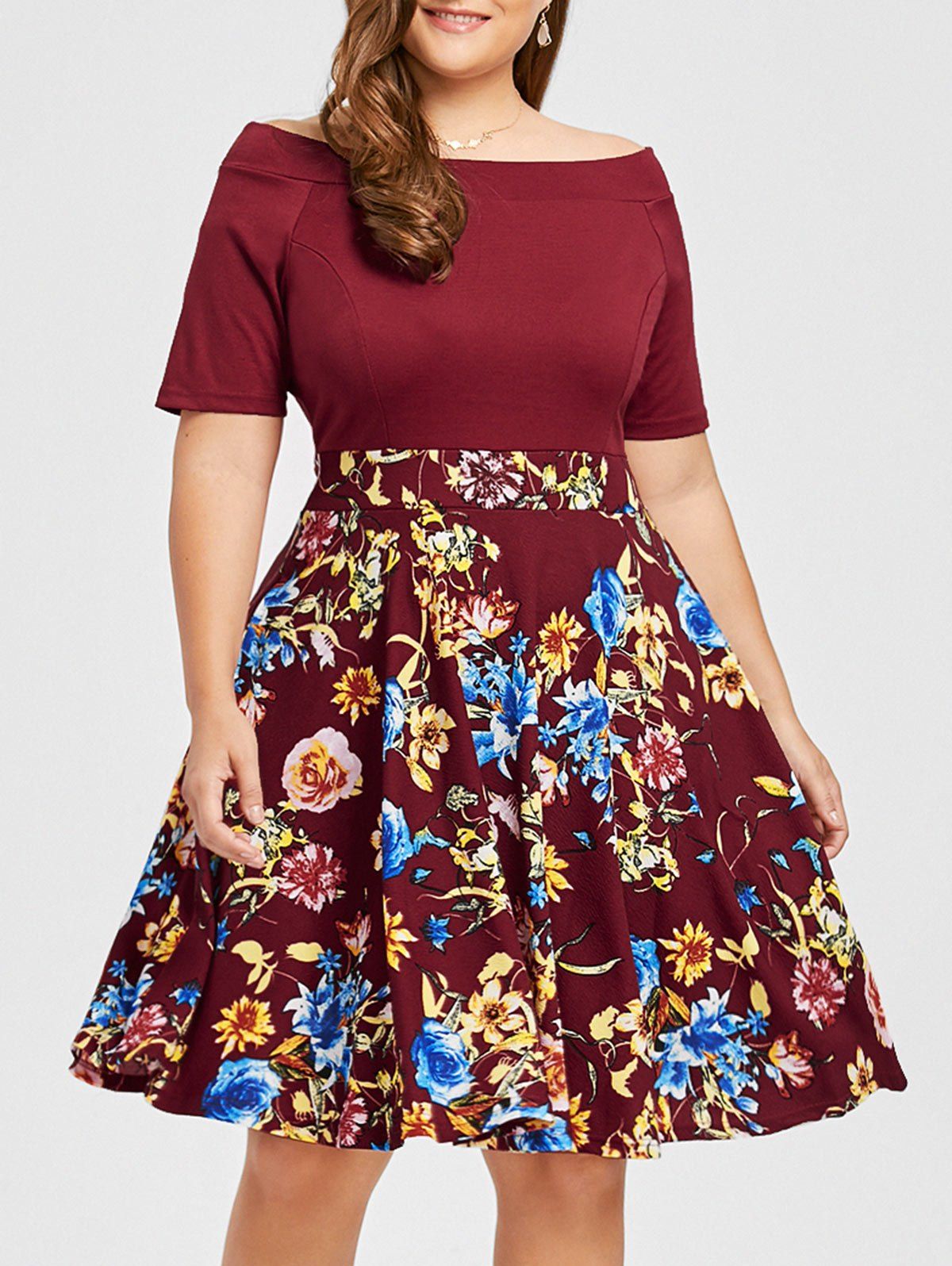 

Plus Size Boat Neck Floral Print Dress, Wine red