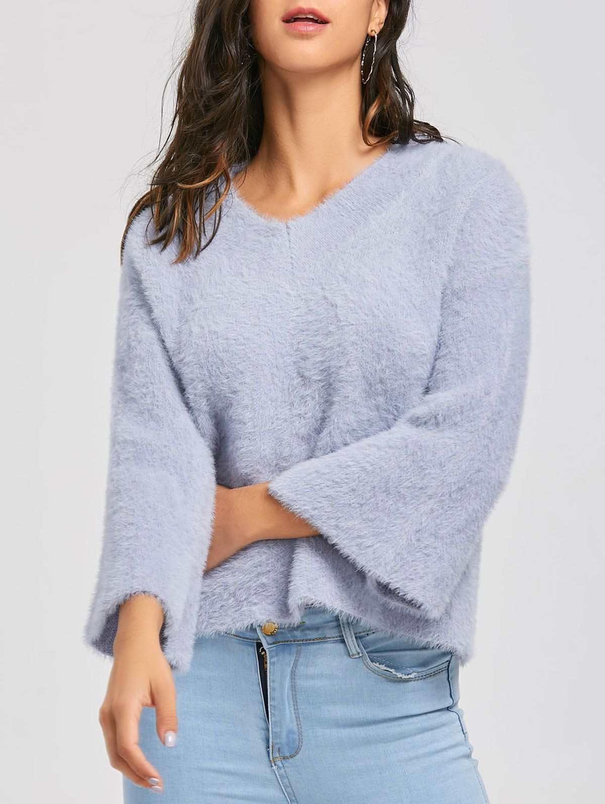 

V Neck Batwing Sleeve Fuzzy Sweater, Stone blue