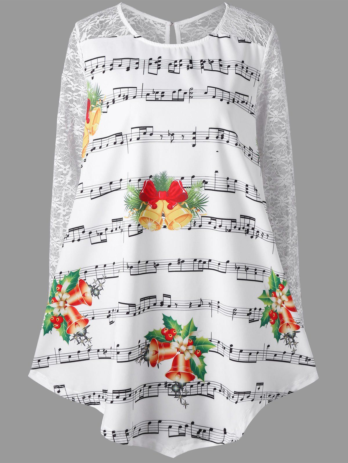 

Christmas Plus Size Music Note Print Lace Insert Blouse, White