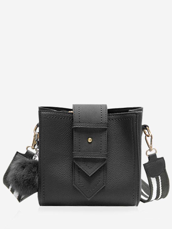 

Buckle Strap Stitching Pompom Crossbody Bag, Black