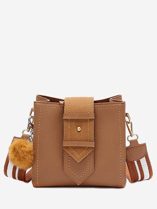 

Buckle Strap Stitching Pompom Crossbody Bag, Brown