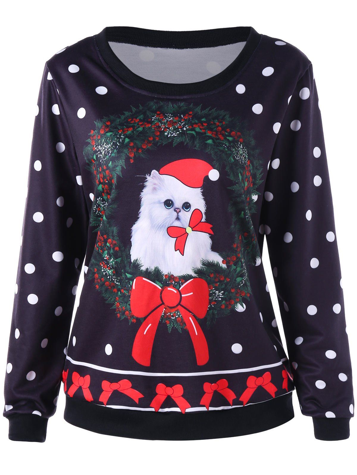 

Christmas Polka Dot and Cat Print Sweatshirt, Black