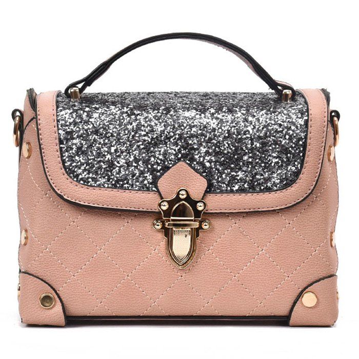 

Rivets Sequined Quilted Crossbody Bag, Pink