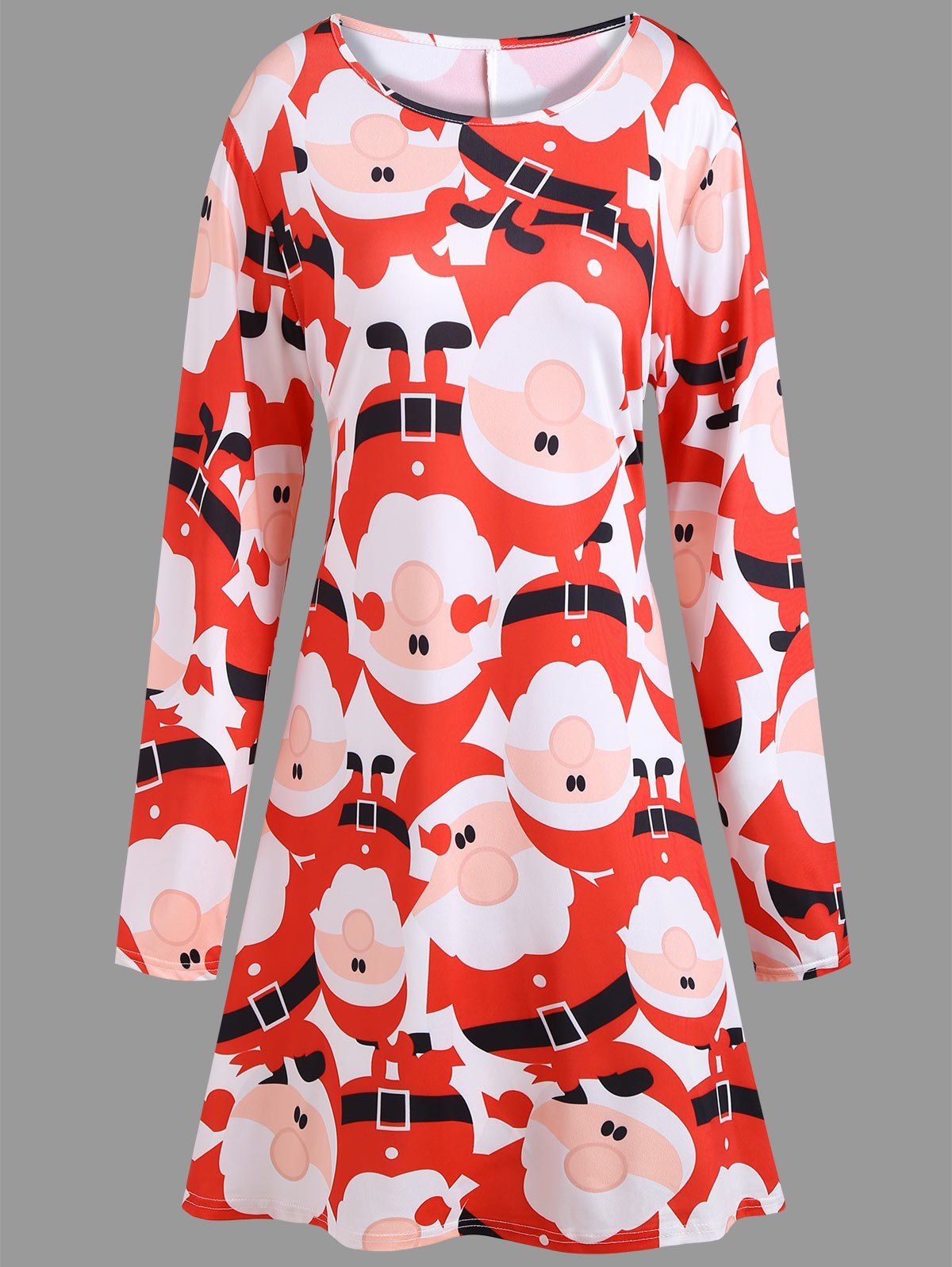 

Plus Size Christmas Santa Claus Printed Dress with Sleeves, Red