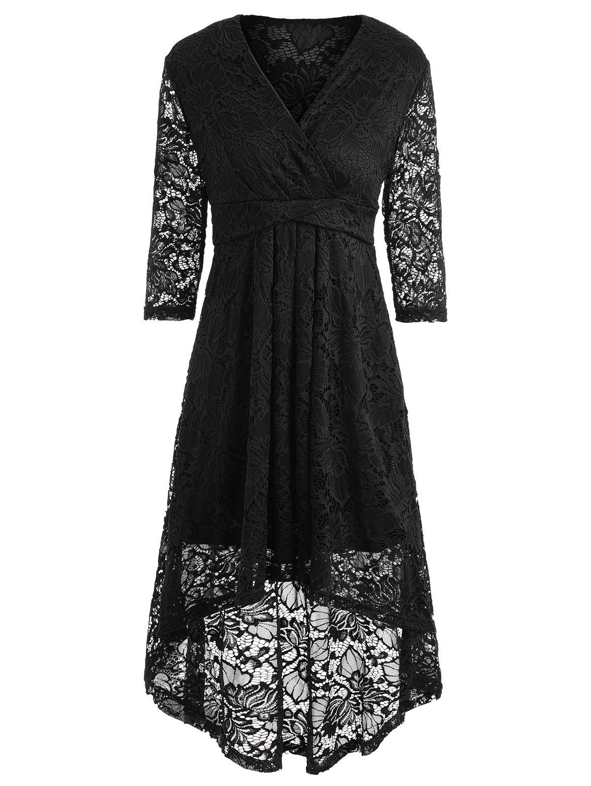 

Plunging Neckline High Low Lace Midi Dress, Black