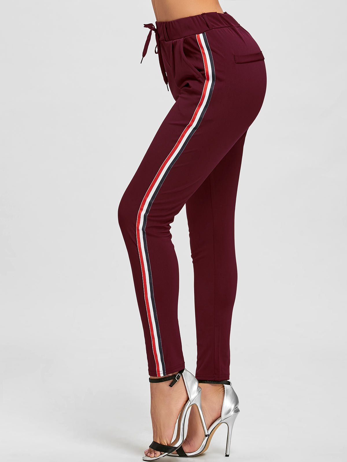 

Drawstring High Waist Striped Ninth Pants, Wine red