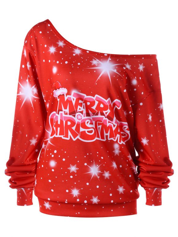 Sweat-shirt Imprimé Flocon de Neige et Message de Noël Grande Taille à Épaule Nue - Rouge XL