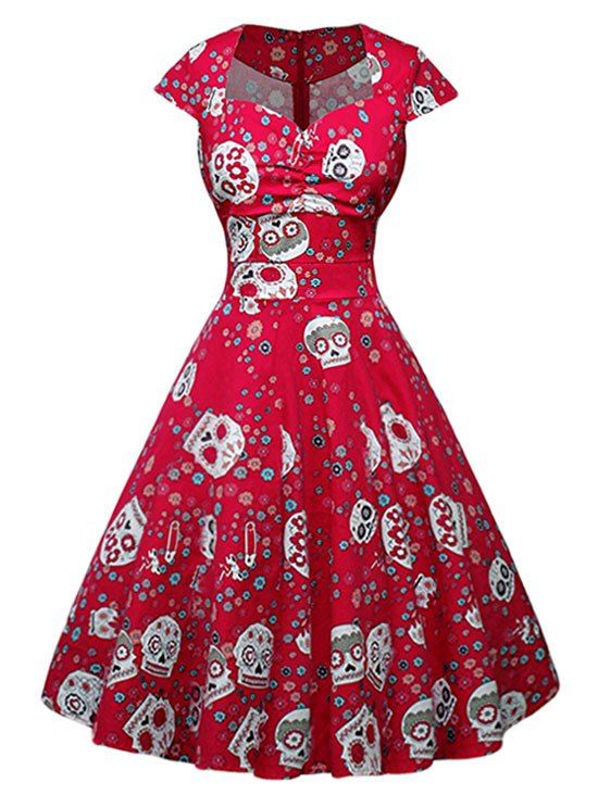 

Halloween Party Skull High Waist Vintage Dress, Red