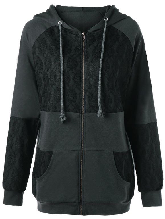 Manteau à Capuche Grande Taille Empiècement en Dentelle Zippé - gris foncé XL
