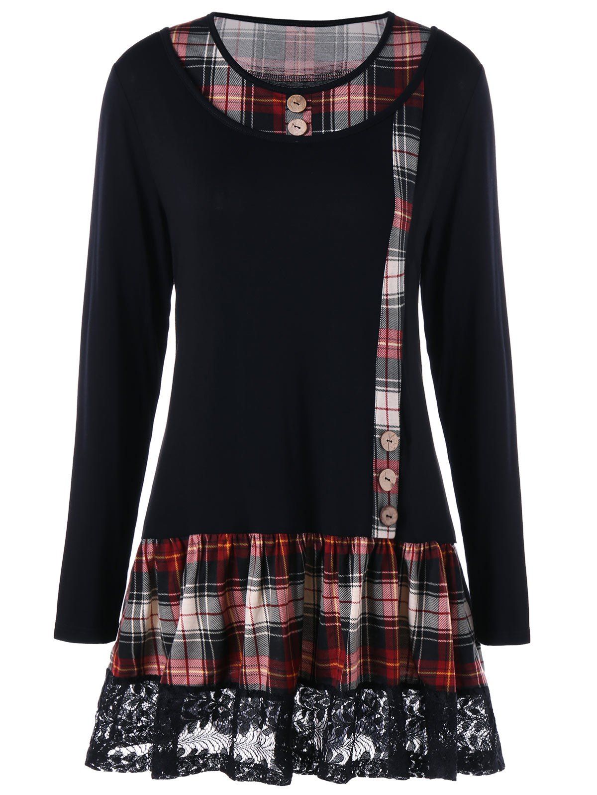 

Plus Size Lace Panel Plaid Long Sleeve T-shirt, Black