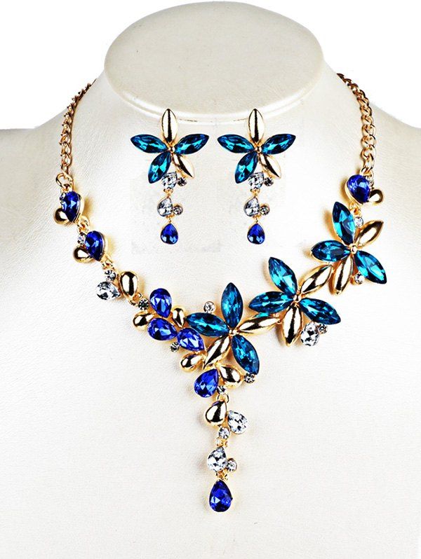 

Vintage Crystal Floral Embellished Necklace Earrings Jewelry Set, Blue