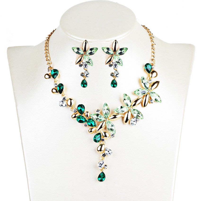 

Vintage Crystal Floral Embellished Necklace Earrings Jewelry Set, Green
