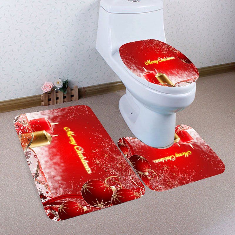

3Pcs Christmas Candle Ball Pattern Bath Toilet Mats Set, Red