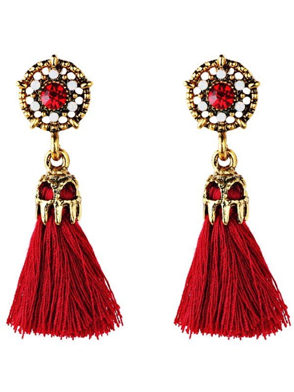 

Rhinestone Embellished Faux Gem Long Tassel Drop Earrings, Red