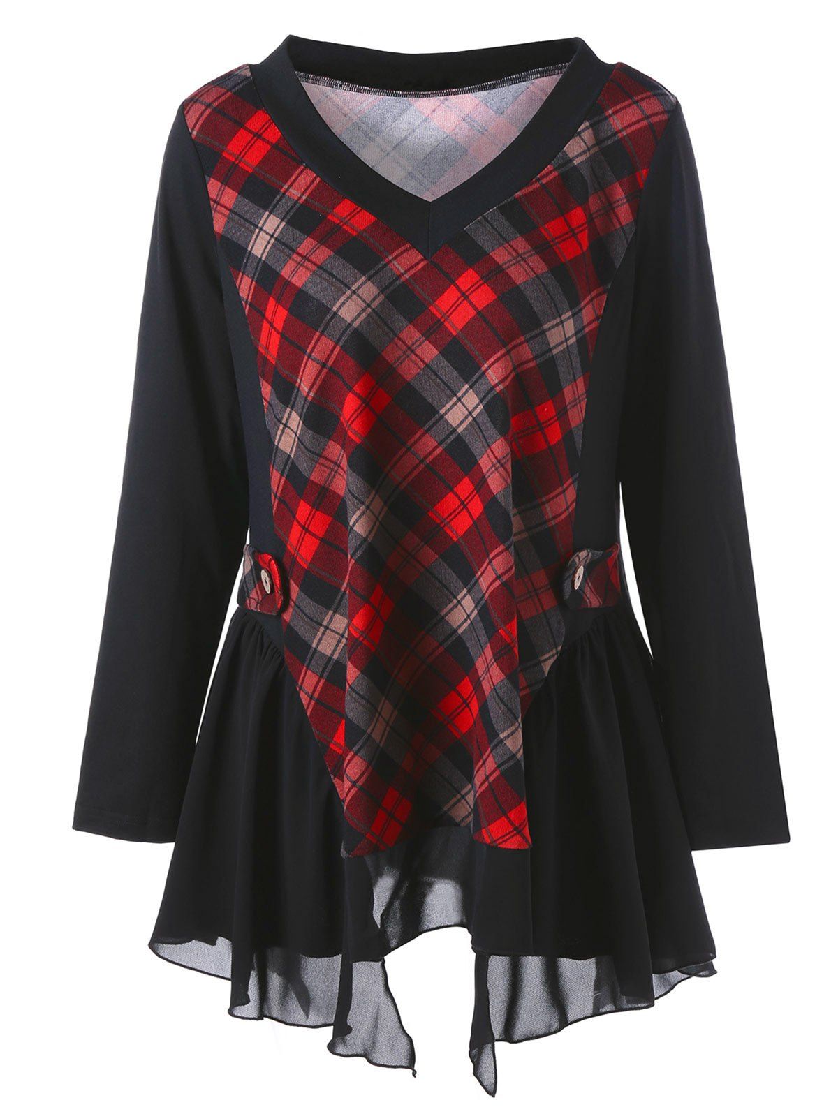 

Plus Size Long Sleeve Panel Asymmetric Plaid T-shirt, Checked