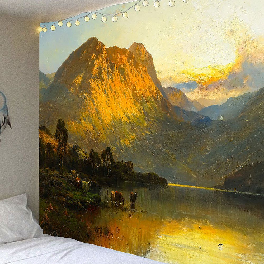 

Wall Art Lakeside Mountains Scenery Printed Tapestry, Gray