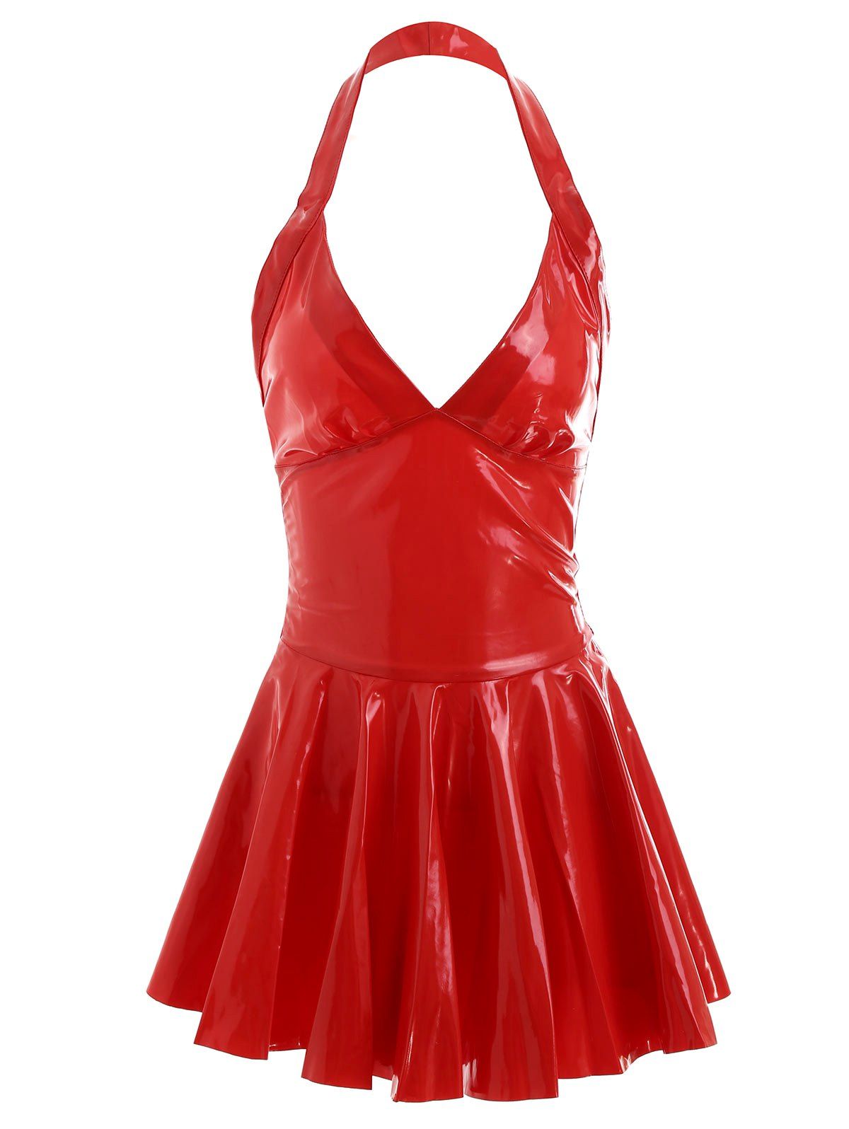 

Backless Halter Fake Leather Skater Dress, Red