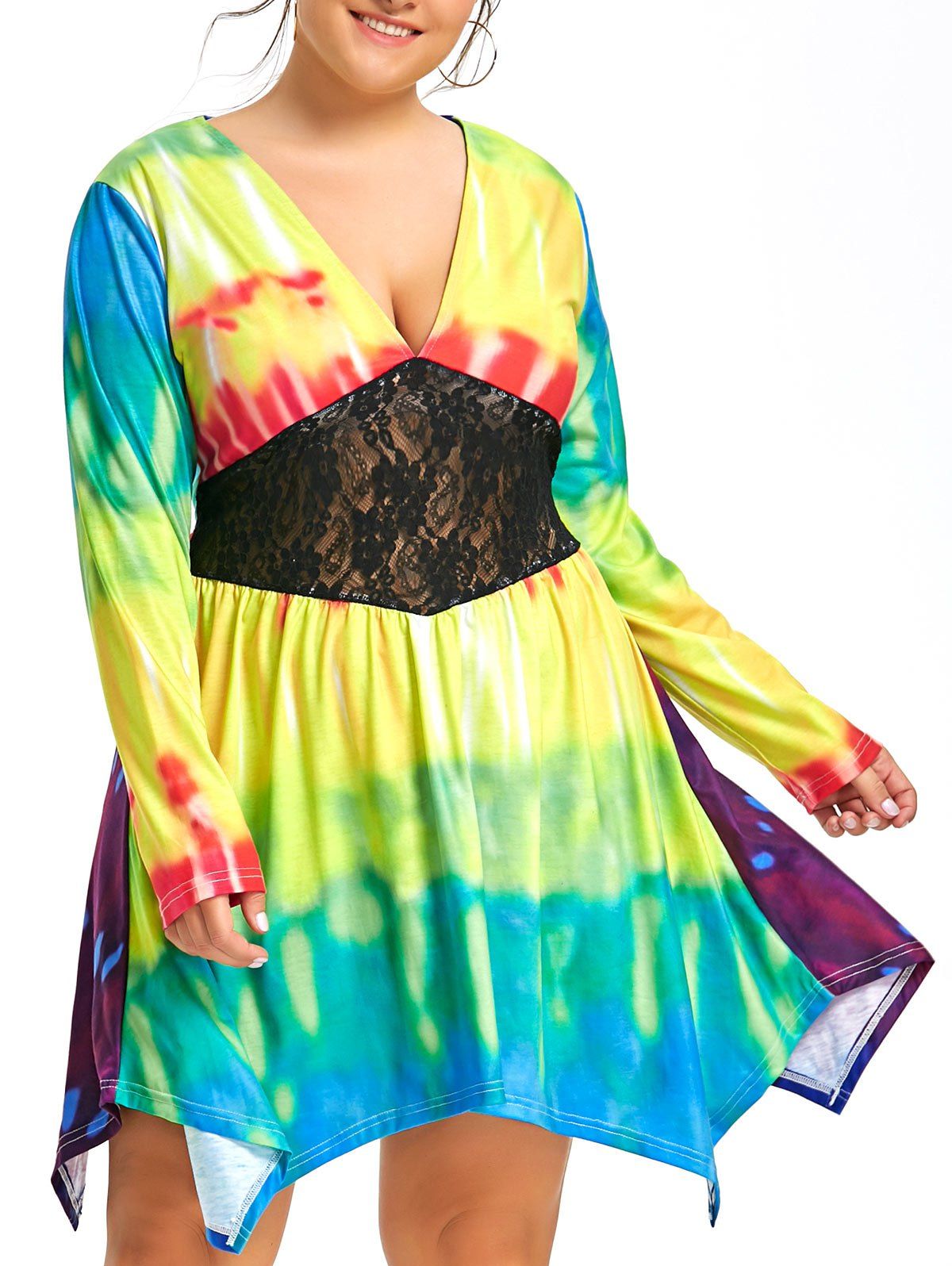 

Lace Panel Plus Size Rainbow Tie Dye Low Cut Dress, Multicolor