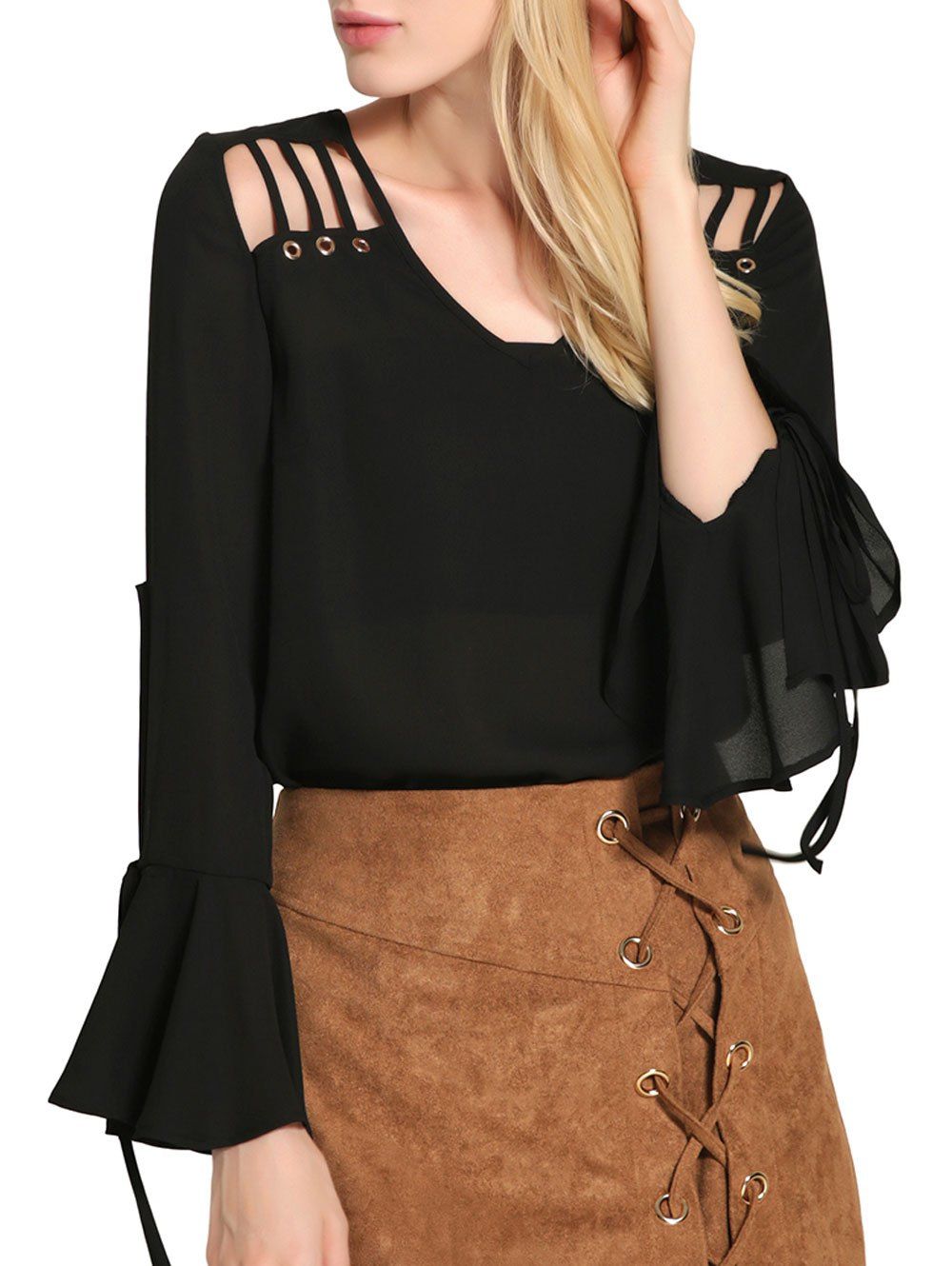 

Bell Sleeve Cut Out Chiffon Blouse, Black