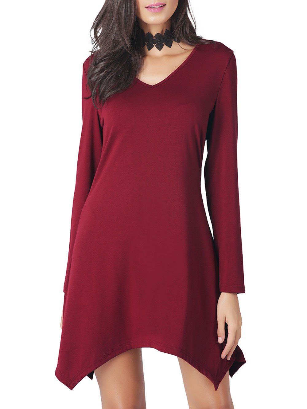 

Long Sleeve Asymmetrical Mini T-shirt Dress, Wine red