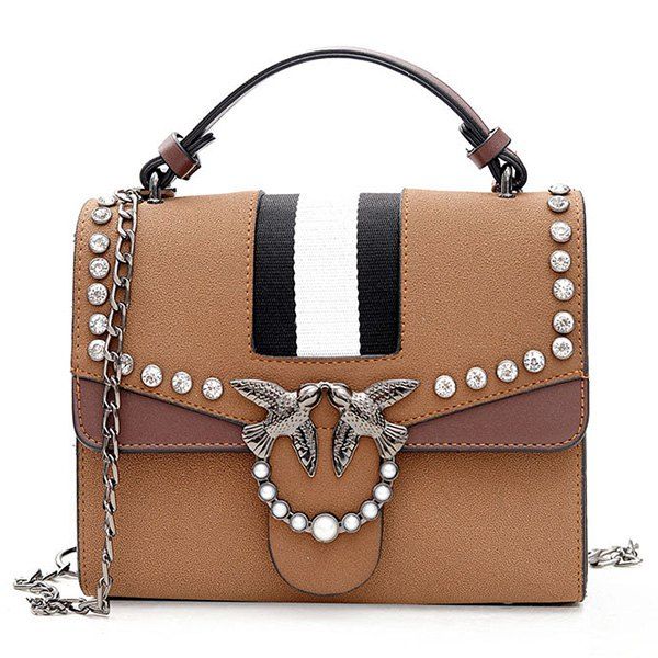 

Birds Embellished Rhinestone Striped Crossbody Bag, Brown