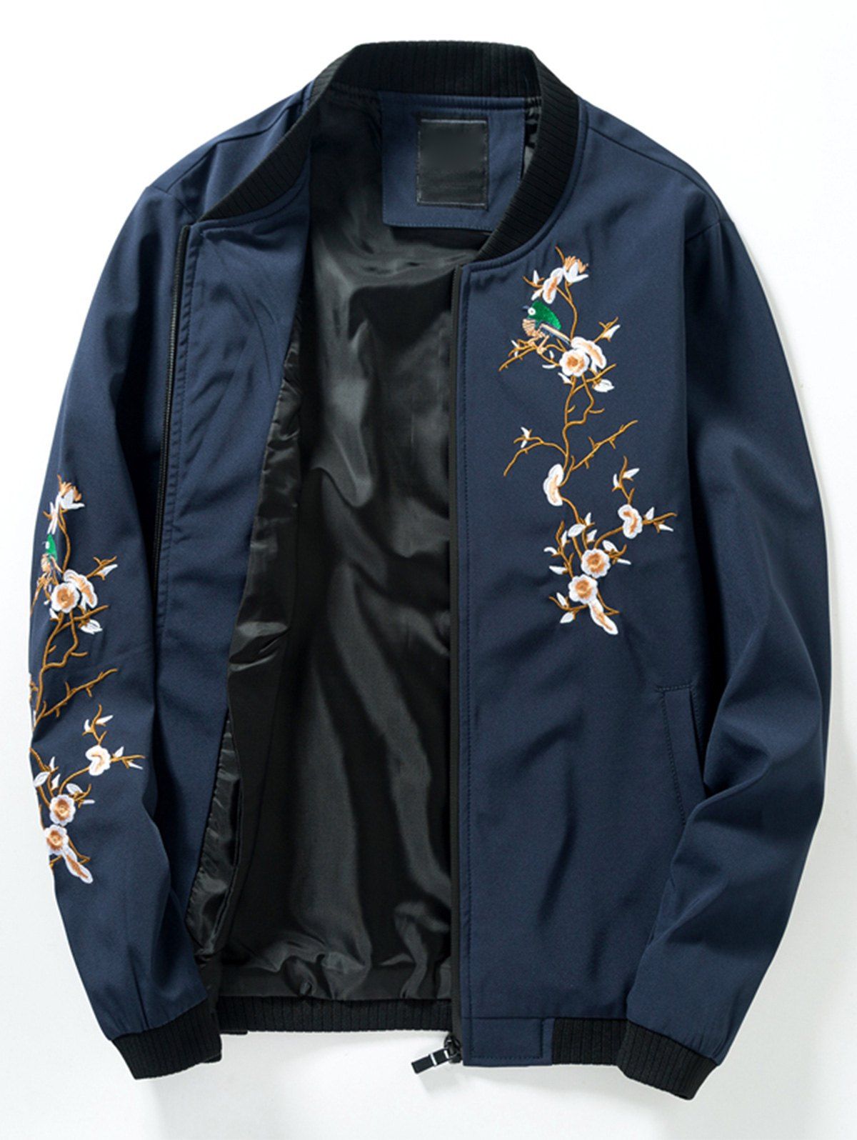 

Florals Embroidered Rib Panel Bomber Jacket, Deep blue