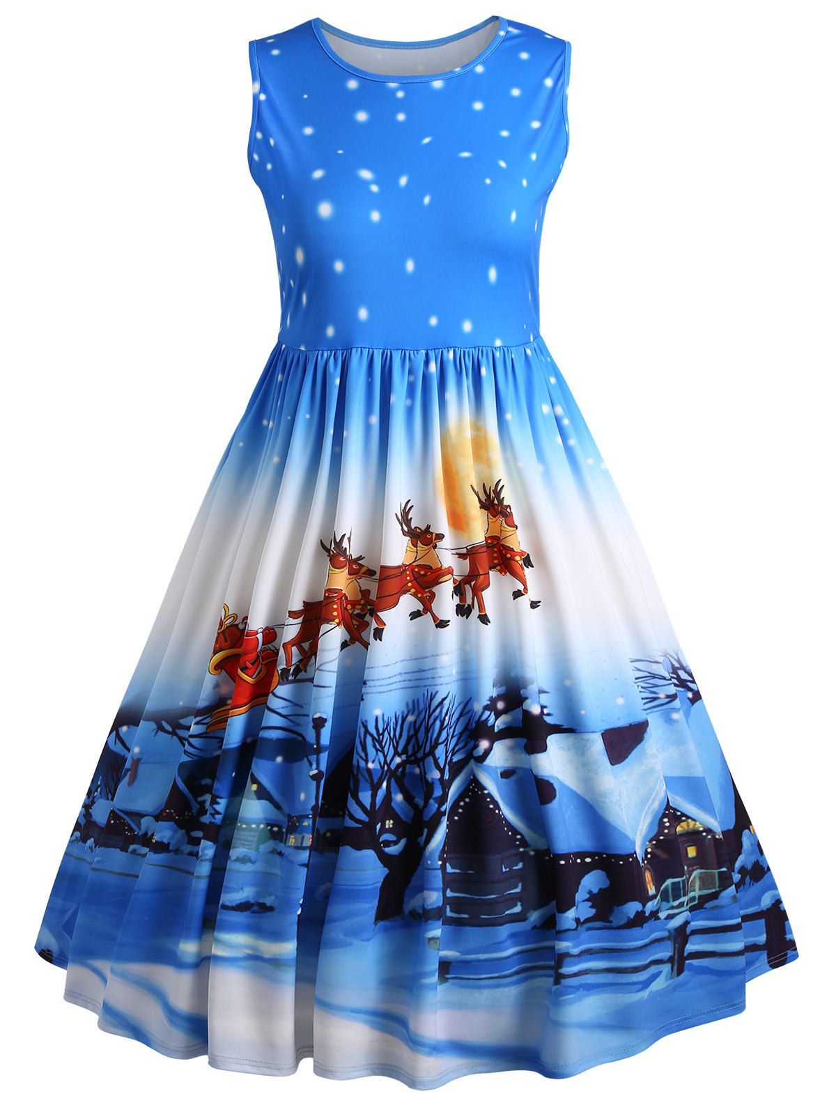 

Plus Size Christmas Deer Midi Sleeveless Vintage Dress, Blue