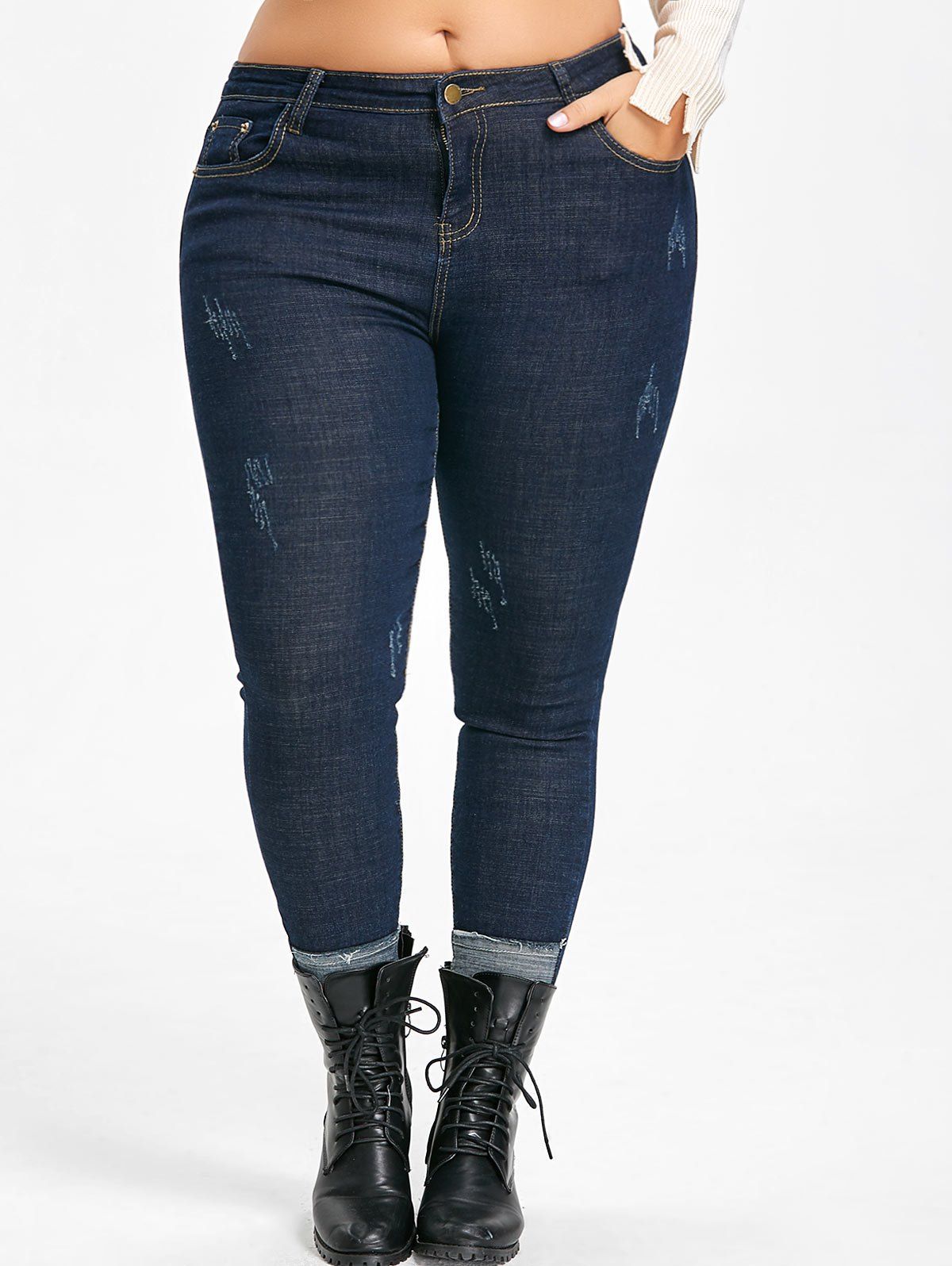 2018 Plus Size Patches Frayed Hem Jeans DENIM BLUE XL In Jeans Online