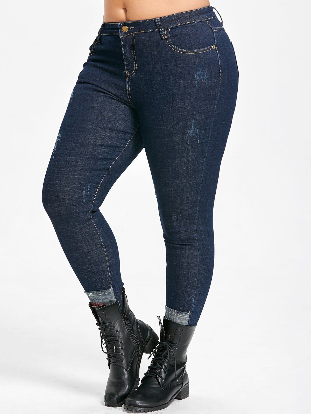 

Plus Size Patches Frayed Hem Jeans, Denim blue